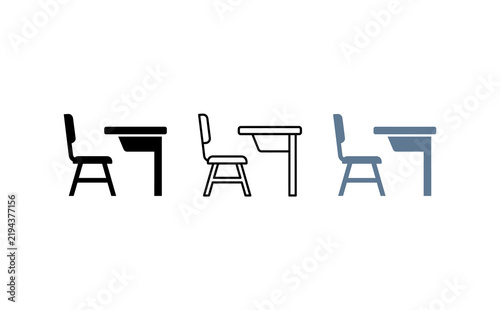 School desk and chair icon set, classroom student furniture symbols in flat, outline, and colored styles, educational study equipment graphics
