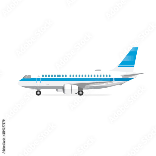 Modern passenger airplane illustration showing a side view of a commercial jet aircraft isolated on transparent background, Vector