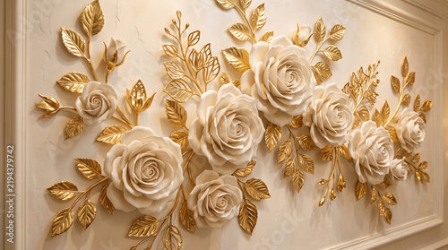 Exquisite white rose relief sculpture with gilded leaves on wall