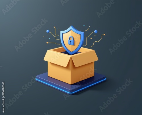 3D illustration of a shield with a lock emerging from a cardboard box on a digital platform.