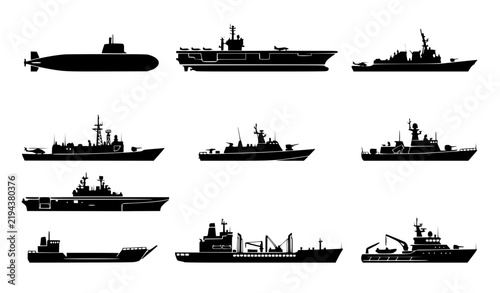 фотографія Naval fleet ships and submarine military silhouette set