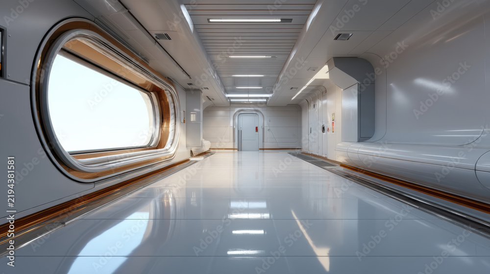 Obraz premium Futuristic corridor, white interior, metallic accents, clean lines, bright lighting, modern architecture, sci fi style
