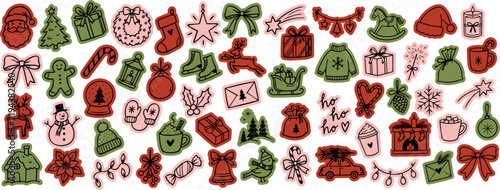 Colorful hand drawn Christmas sticker collection with Santa, gifts, reindeer, ornaments, winter decorations and festive holiday symbols