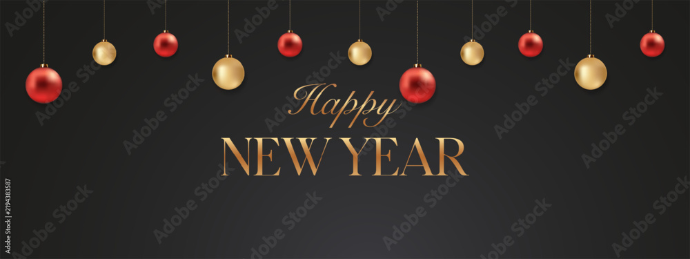 Obraz premium Elegant Happy New Year greeting card with red and gold hanging Christmas ornaments on a dark background, ideal for festive banners and invitations