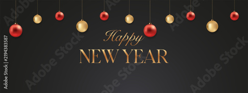Elegant Happy New Year greeting card with red and gold hanging Christmas ornaments on a dark background, ideal for festive banners and invitations