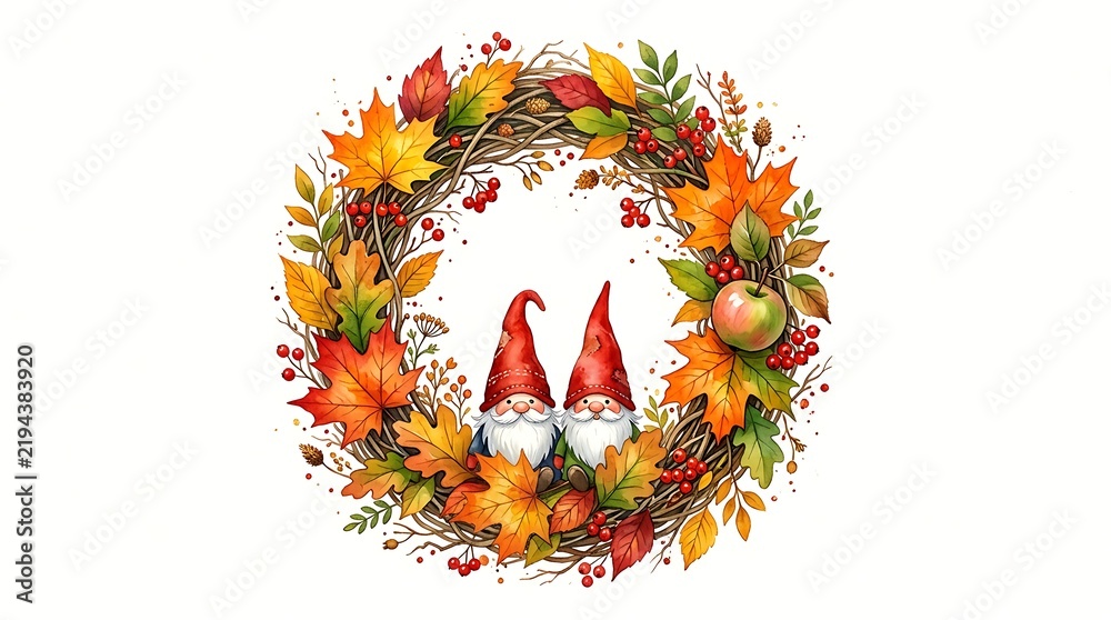 Obraz premium Autumn wreath with two cute gnomes isolated on white background