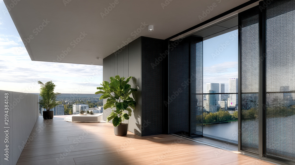 Fototapeta premium Modern balcony architecture city skyline view with large glass doors, potted plants, and wooden floor, peaceful atmosphere