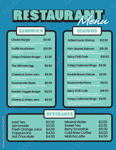 Modern Blue Restaurant Menu Template with Sandwich and Seafood