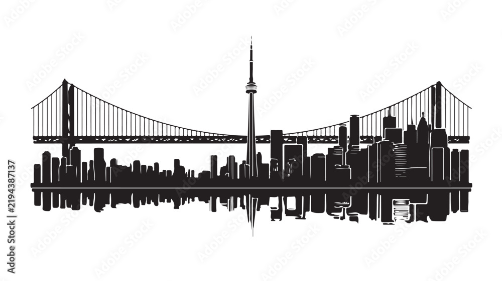 Obraz premium Detailed vector illustration of Toronto skyline featuring iconic CN tower and suspension bridge silhouettes against a clean white background area