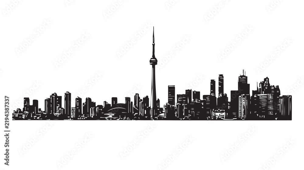 Obraz premium Detailed Toronto skyline vector illustration featuring iconic CN tower silhouette and various modern architectural buildings in bold black ink style