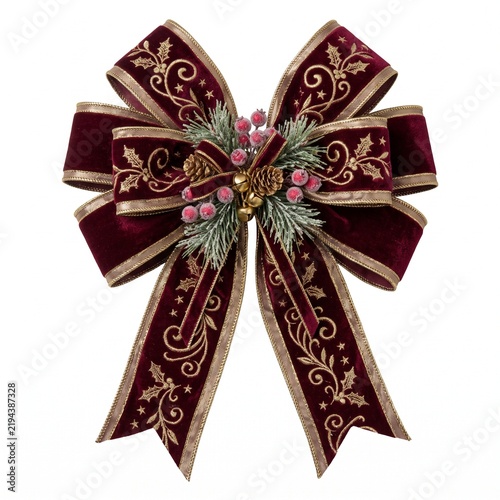 Elegant Velvet Holiday Bow with Pine Sprig and Berries Decorative Ribbon