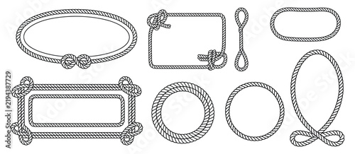 lasso rope frame silhouette set, round nautical borders with retro cordage knots and intertwined cable designs for decorative vector artwork