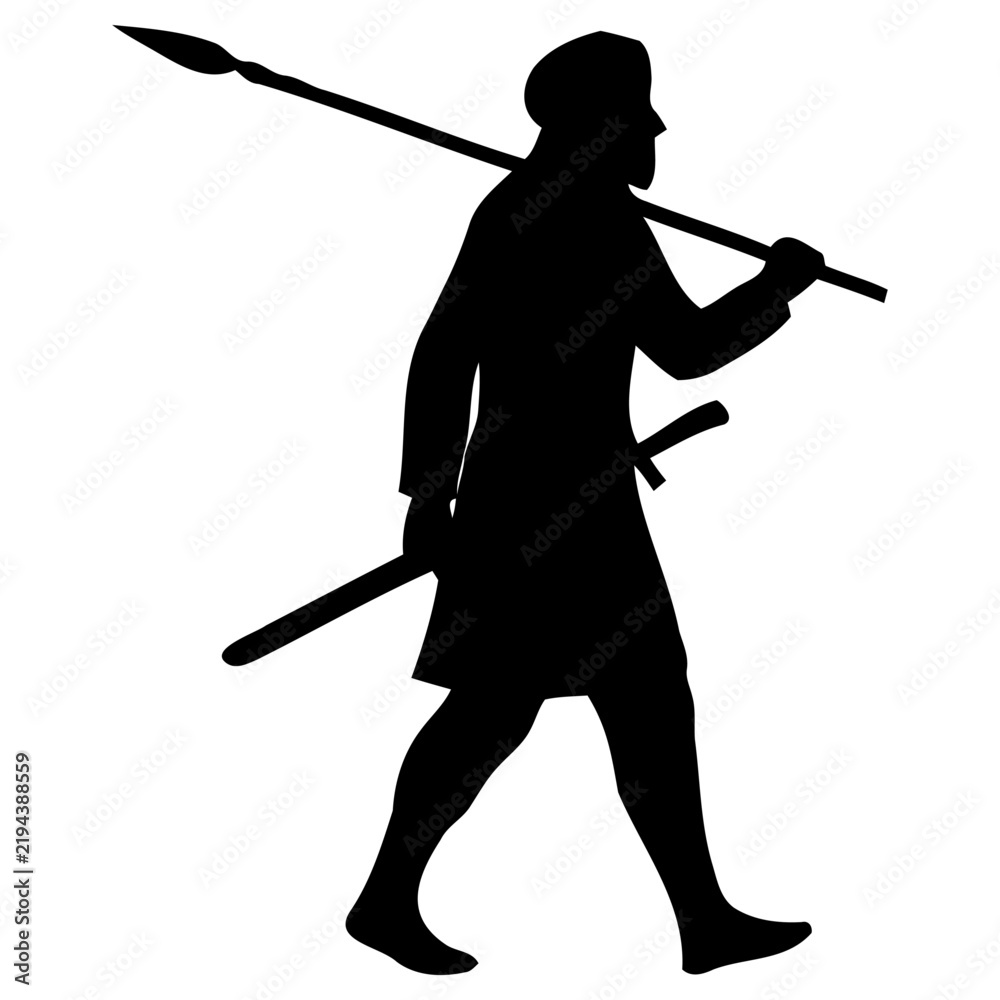 Obraz premium Black silhouette of traditional warrior carrying spear and sword walking in profile view isolated graphic with depicts dark silhouette
