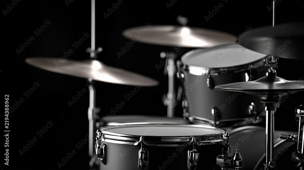 Obraz premium Black drum set close up, high contrast lighting, metallic cymbals, modern music instrument, dramatic mood, studio background