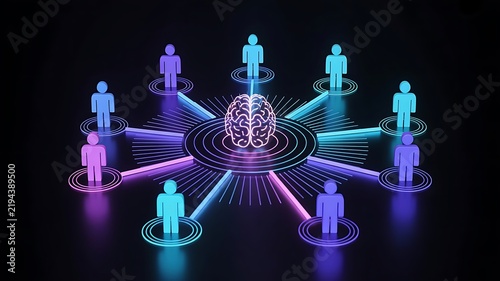 Abstract digital network visualization with a central human brain connected to surrounding human figures using neon glowing lines on dark background