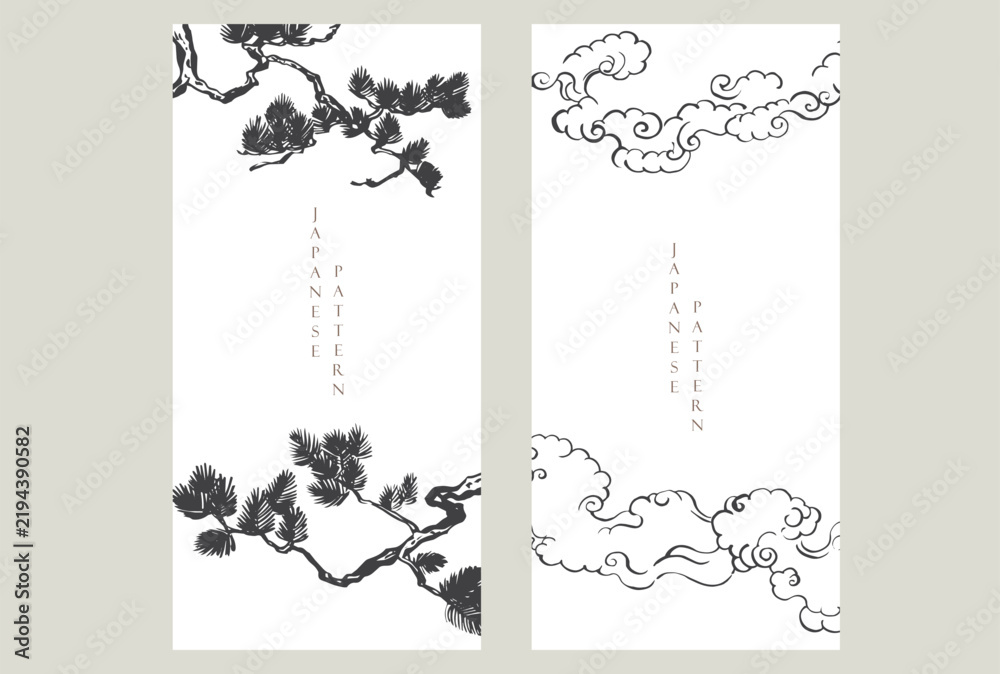 Obraz premium Bonsai tree and hand drawn cloud elements. Geometric pattern in vintage style. Japanese background. Asian traditional icon vector. 