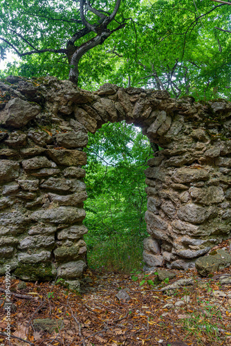 Obraz na plátně A weathered wall of a medieval building made of stones of different shapes and sizes, bonded with lime, with an arched passage in the woods