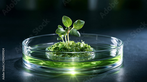 Plant stem cells in crystal petri dish with green light highlighting plant biotechnology and regenerative botanical science
