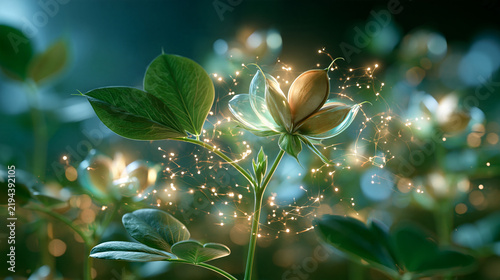 Floating seed capsules with molecular light trails highlighting plant biotechnology and futuristic crop improvement concept