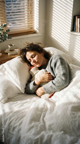 Young Woman Sleeping Peacefully in Bright Sunlit Room.
