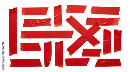Red duct tape strips collection isolated as various torn adhesive paper pieces on transparent background