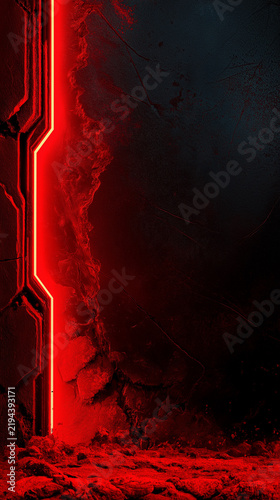 Dark cracked wall lit by a single vertical strip of intense red neon over rubble. Dramatic sci-fi backdrop with wide copy space. Ideal for gaming banners, posters and title cards.