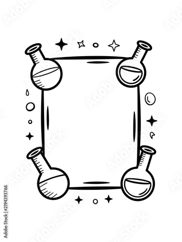Science themed frame with laboratory flasks and stars, doodle style illustration