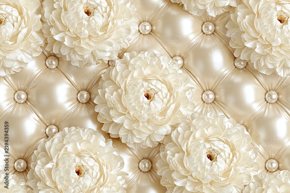 Fototapeta premium Luxury quilted cream leather upholstery background featuring white peonies and pearl buttons