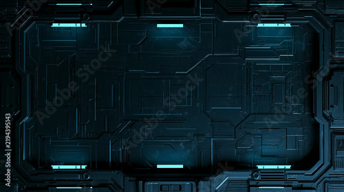 Dark sci-fi bulkhead panel etched with circuitry and framed by pale cyan light bars. Blank tech surface ready for text. Perfect for gaming banners, posters and interface design.