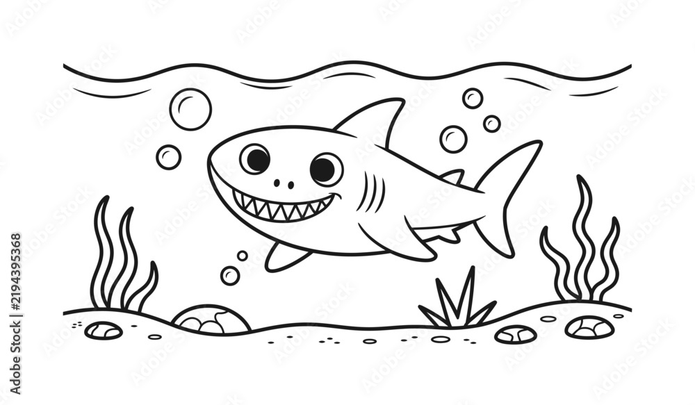 Obraz premium Cute cartoon shark swimming underwater with bubbles and seaweed, black and white line art style