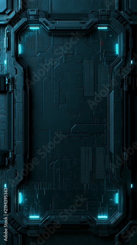Dark teal sci-fi bulkhead framed by machined plating and eight small cyan light bars. Blank tech panel with wide copy space. Perfect for gaming banners and interface design.