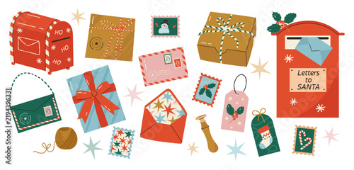 Christmas mail and santa letter vector set with gifts envelopes mailboxes and postage stamps