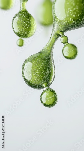 Green liquid droplets with tiny bubbles falling gently against a soft white background, suggesting clean energy production.