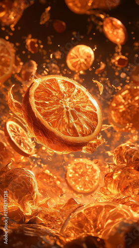 Glowing dried orange slices tumbling through warm amber light. Dramatic citrus concept. Great for food, drinks and vibrant brand visuals.