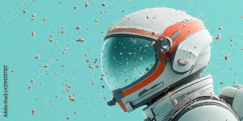 Astronaut in white suit with orange accents, helmet visor reflects, space debris floats around a figure in the cosmos