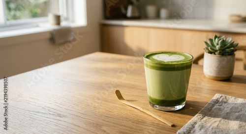 Matcha Latte with Heart-Shaped Foam Art on a Wooden Table in Warm Morning Light