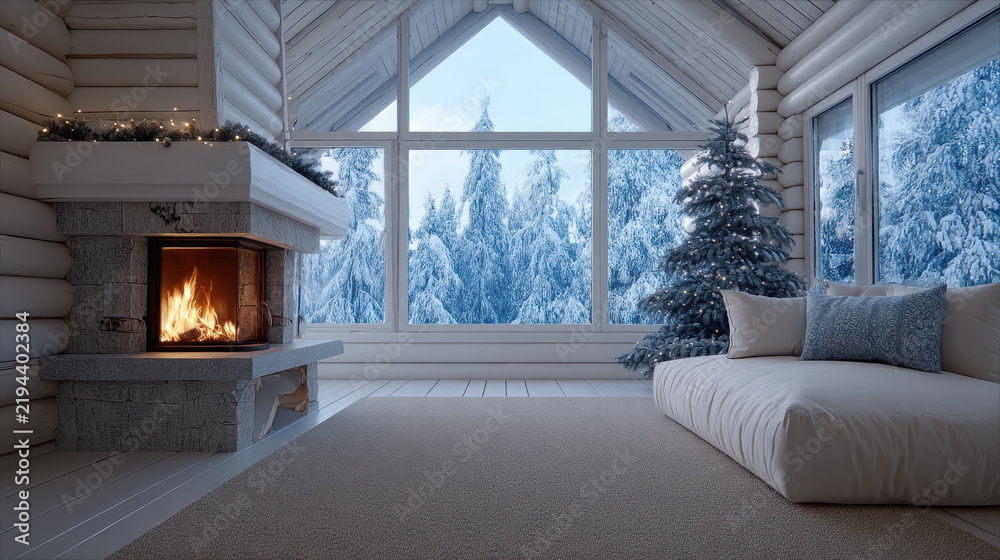 Obraz premium Cozy cabin interior with fireplace, snowy forest view, large windows, decorated tree, peaceful winter atmosphere