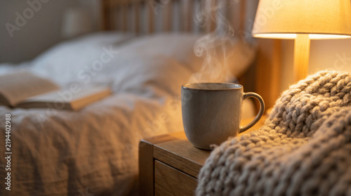 Teen resting with warm drink on bed in cozy bedroom  
