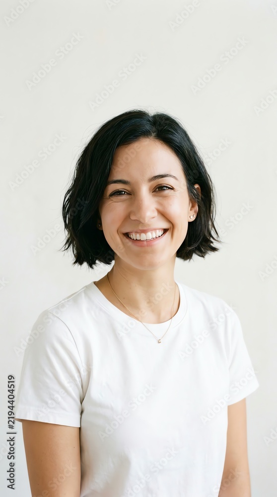 Fototapeta premium Smiling Woman with Short Dark Hair Wearing White T-Shirt.