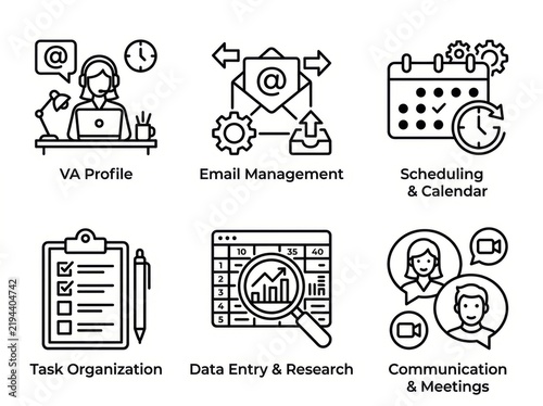 Virtual Assistant Tools and Productivity Icons Set.