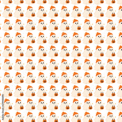 Cute Halloween Ghost Seamless Pattern Vector Illustration, Spooky Phantom Pattern Tile Background