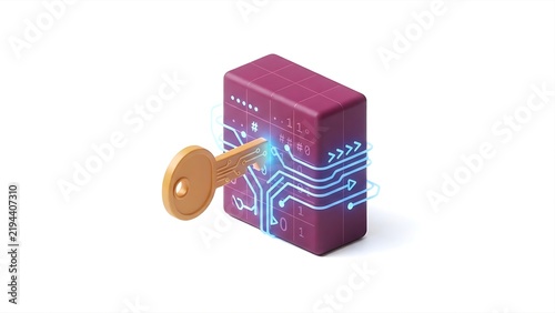 Digital Encryption Key Unlocking Data Block 3D Isometric Icon Isolated on White Background