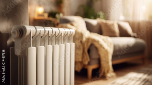 close up of a modern elegant white designer radiator in a cozy luxury living room, warm sunlight falling across the smooth metal surface, softly