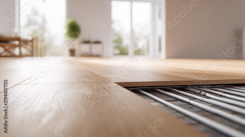 close up of a section of modern underfloor heating installation beneath elegant light oak flooring, one floor panel slightly lifted to reveal neatly