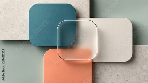 Minimalist geometric product display mockup with transparent glass plate and colorful stone podiums top view 3d render