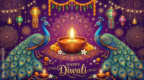 Happy Diwali Festive Background with Elegant Peacocks, Glowing Diya, and Ornate Mandala Patterns on Purple