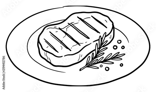 Grilled beef steak on plate with rosemary and peppercorns coloring page line art vector