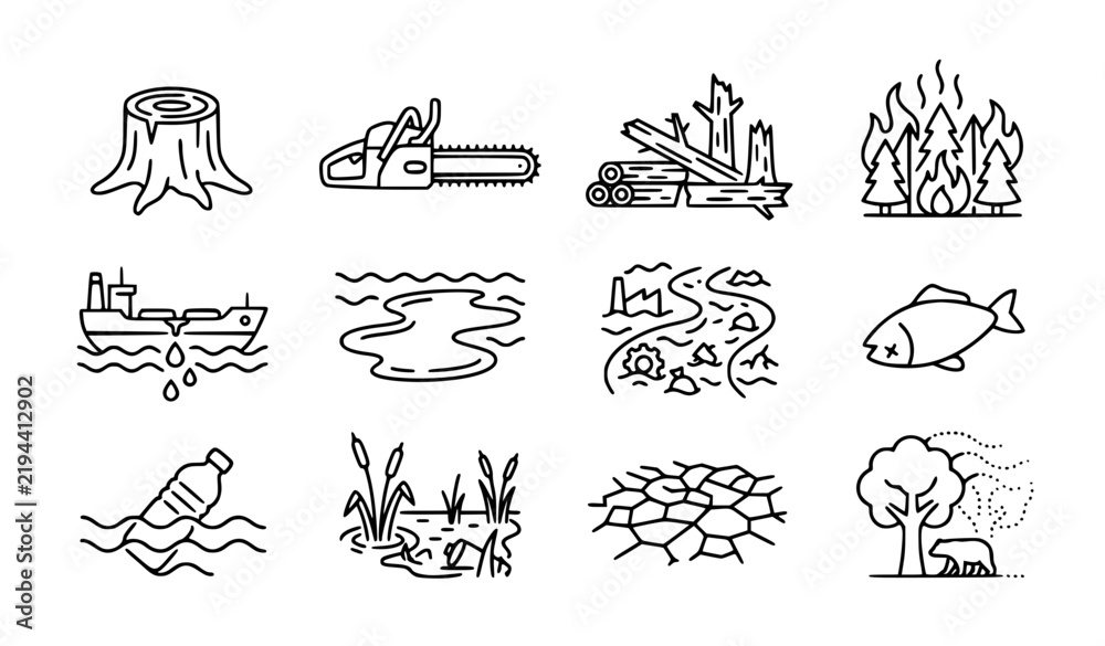 Obraz premium Deforestation oil spills and aquatic ecosystem damage icon set
