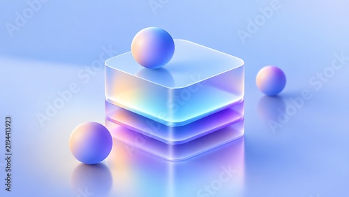Translucent layered square glass podium with pastel spheres and neon glow on purple background 3d render
