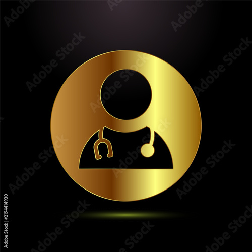Doctor icon with stethoscope in golden circle, medical professional symbol.